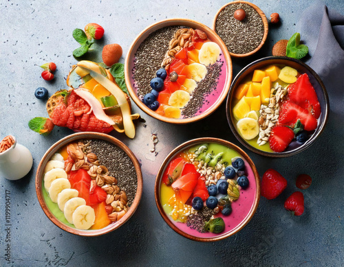 Healthy and colorful smoothie bowls topped with fresh fruits, seeds, and nuts on a textured gray surface photo