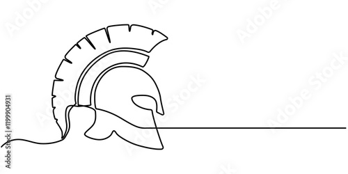 Knight helmet isolated on white background. Line art helmet. One line continuous vector illustration, Roman warrior knight helmet mask  continuous one line drawing. Spartan headgear single line art.