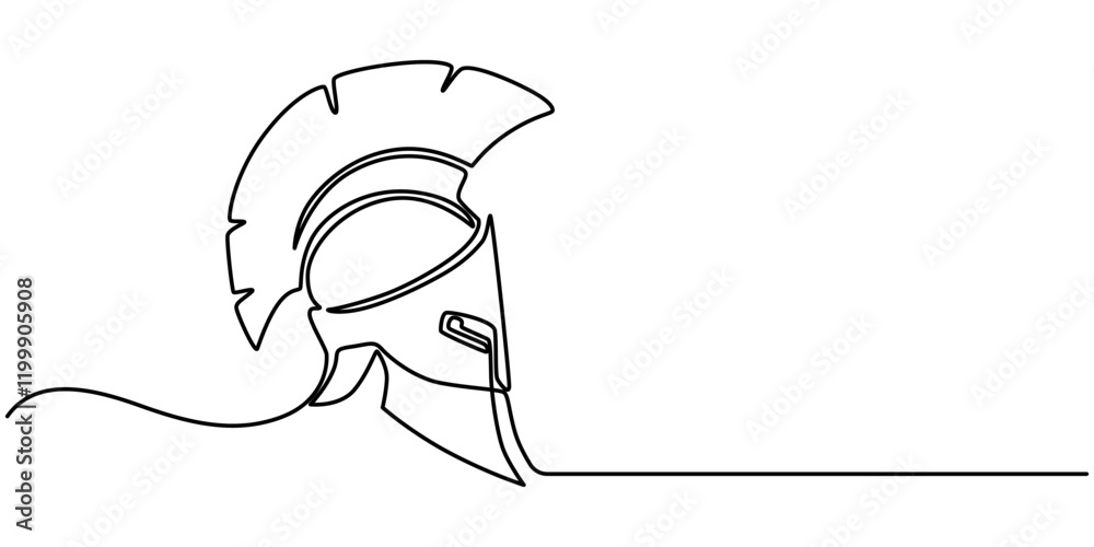 Knight helmet isolated on white background. Line art helmet. One line continuous vector illustration, Roman warrior knight helmet mask  continuous one line drawing. Spartan headgear single line art.