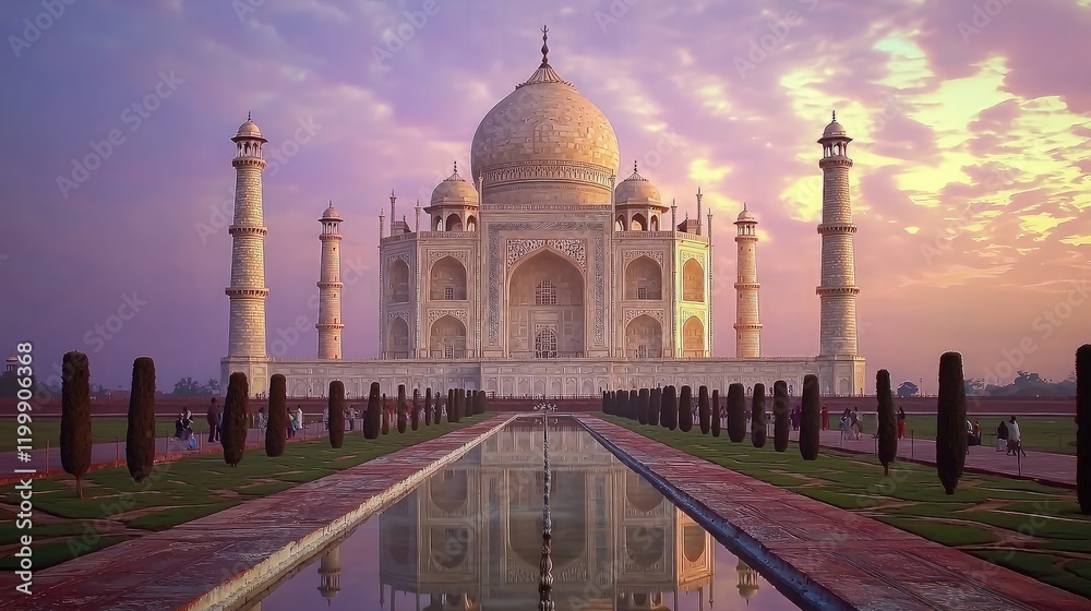 Fototapeta premium Taj Mahal sunset, India, tourists visiting, reflection.