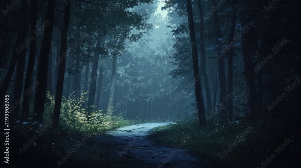 Serene Path Through A Misty Dark Forest Serene Path Through A Misty Dark Forest
