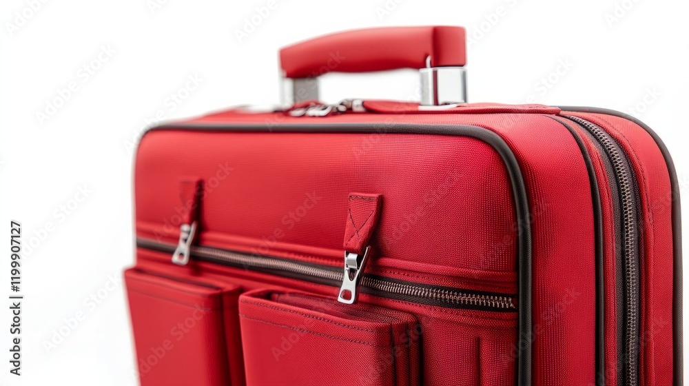 Soft-sided red suitcase with external pockets and sturdy handles, isolated on white 