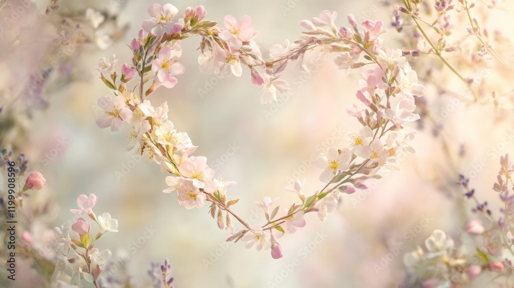 Soft, pastel-colored flower branches curving into a heart shape Soft, pastel-colored flower branches curving into a heart shape