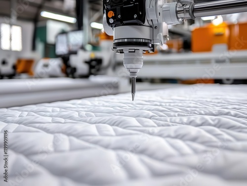 Quilting machine layering fabrics for kingsize comforters, highspeed operation