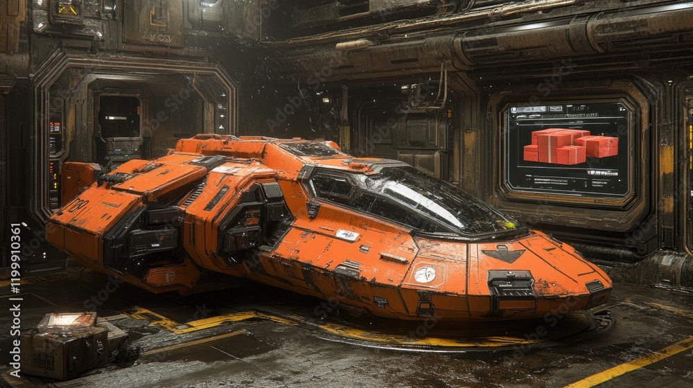 Futuristic cargo ship in a sci-fi hangar environment Futuristic cargo ship in a sci-fi hangar environment