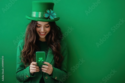 Smiling woman celebrating Saint Patrick's Day wearing green outfit and holding smartphone. Generated AI