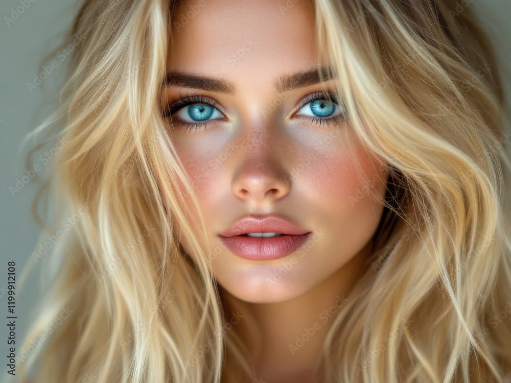 Blonde woman with blue eyes and soft makeup against neutral background Blonde woman with blue eyes and soft makeup against neutral background