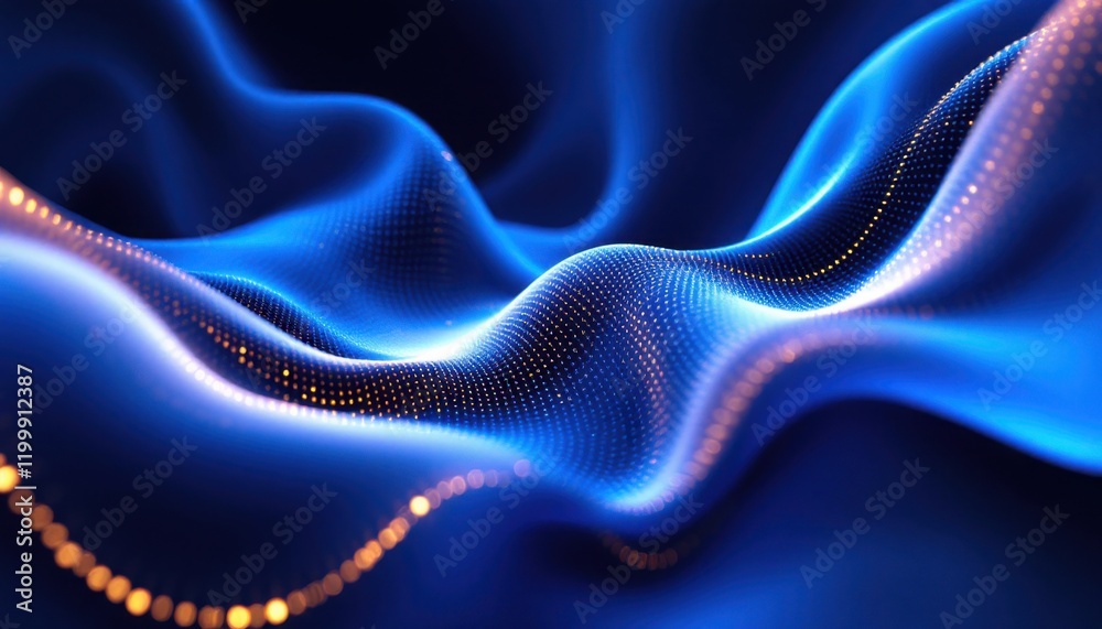 Obraz premium Abstract digital wave with glowing particles in blue and gold for futuristic design