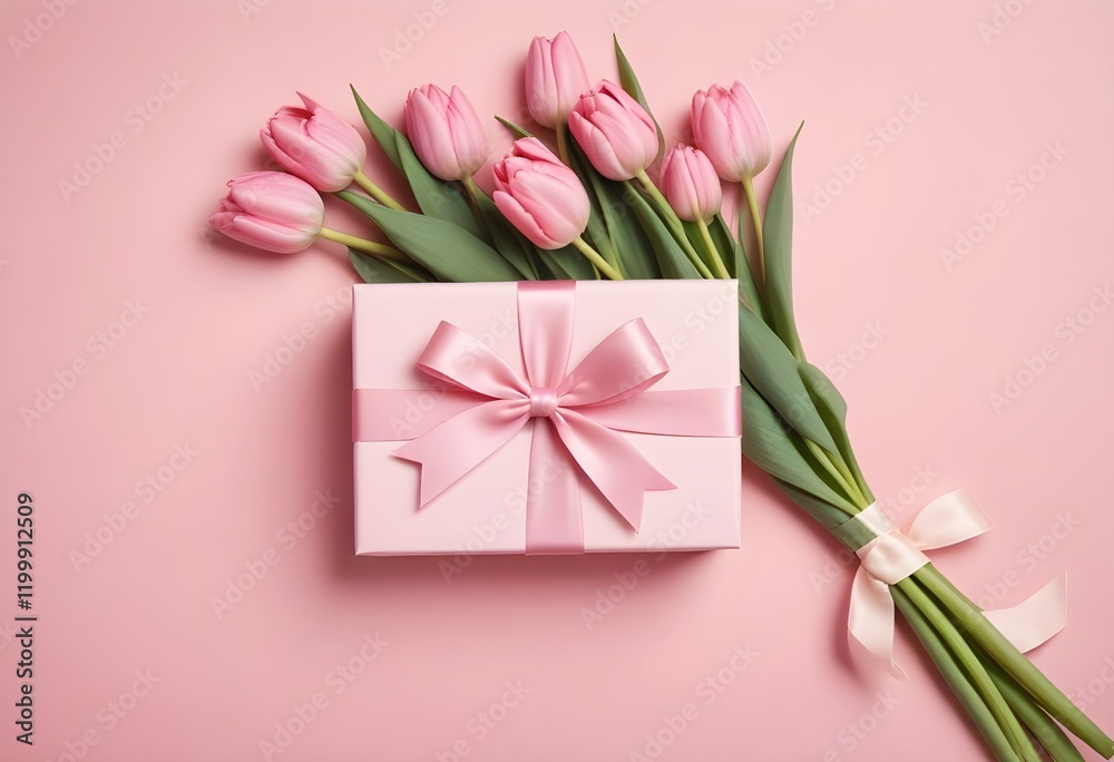 Fototapeta premium White tulips, hearts and gift boxes on pink background. Happy mother's day concept. Top view with copy space. 