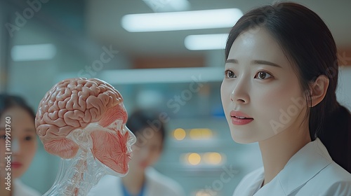 Medical student examining anatomical brain model in lab photo