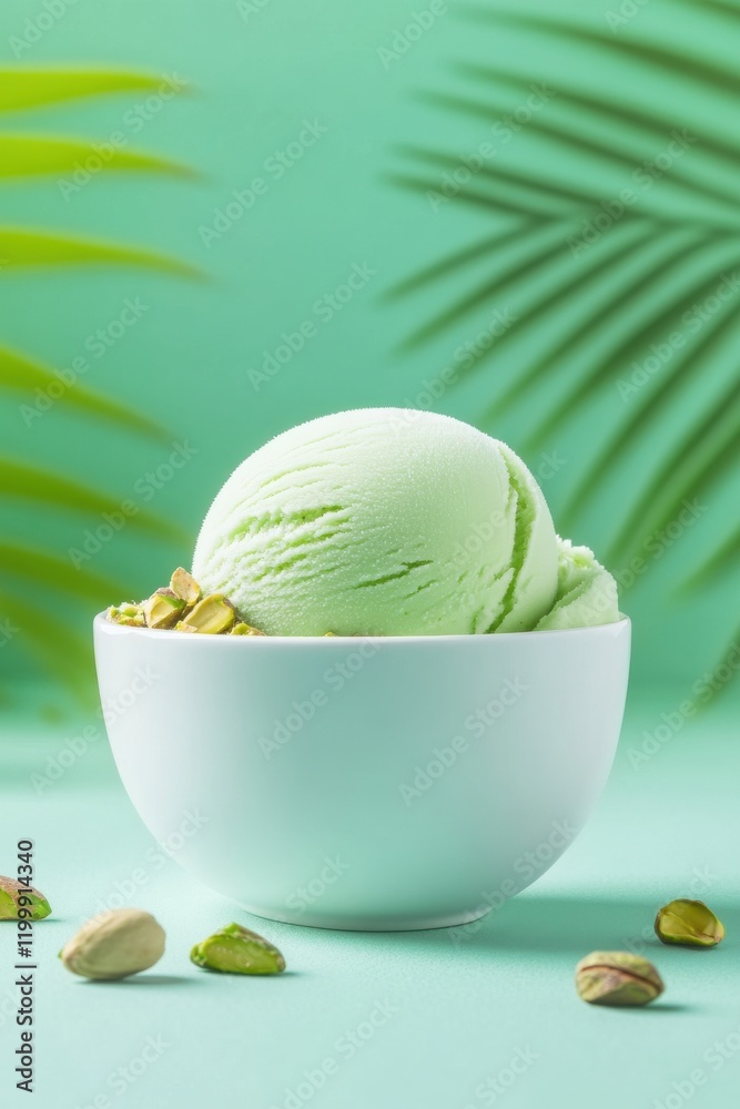 Delightful scoop of pistachio ice cream garnished with crushed nuts on a vibrant table setting Delightful scoop of pistachio ice cream garnished with crushed nuts on a vibrant table setting