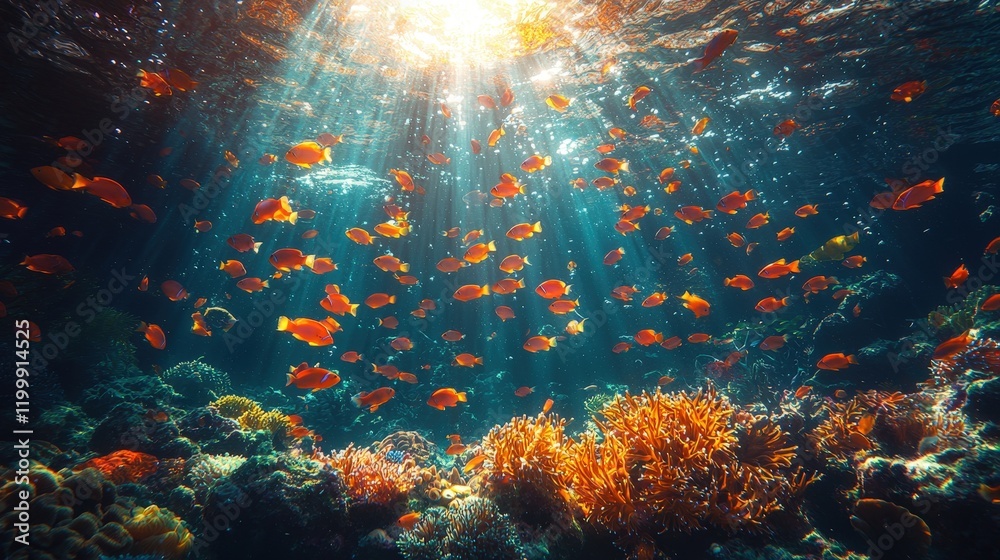 Fototapeta premium Vibrant coral reef teeming with colorful fish bathed in sunlight. Ideal for ocean-themed projects, website backgrounds, or nature documentaries.