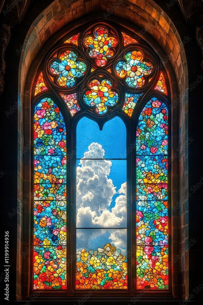Colorful stained-glass window, sky, clouds. Colorful stained-glass window, sky, clouds.