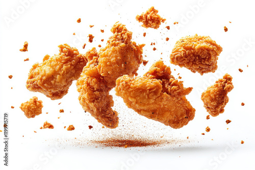 Golden fried chicken wings, coated in aromatic spices, glistening with flavor and served fresh on a plate.