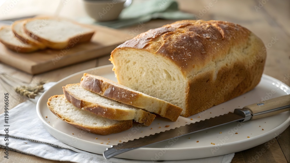 Fresh loaf of bread with butter and a knife on a plate Fresh loaf of bread with butter and a knife on a plate