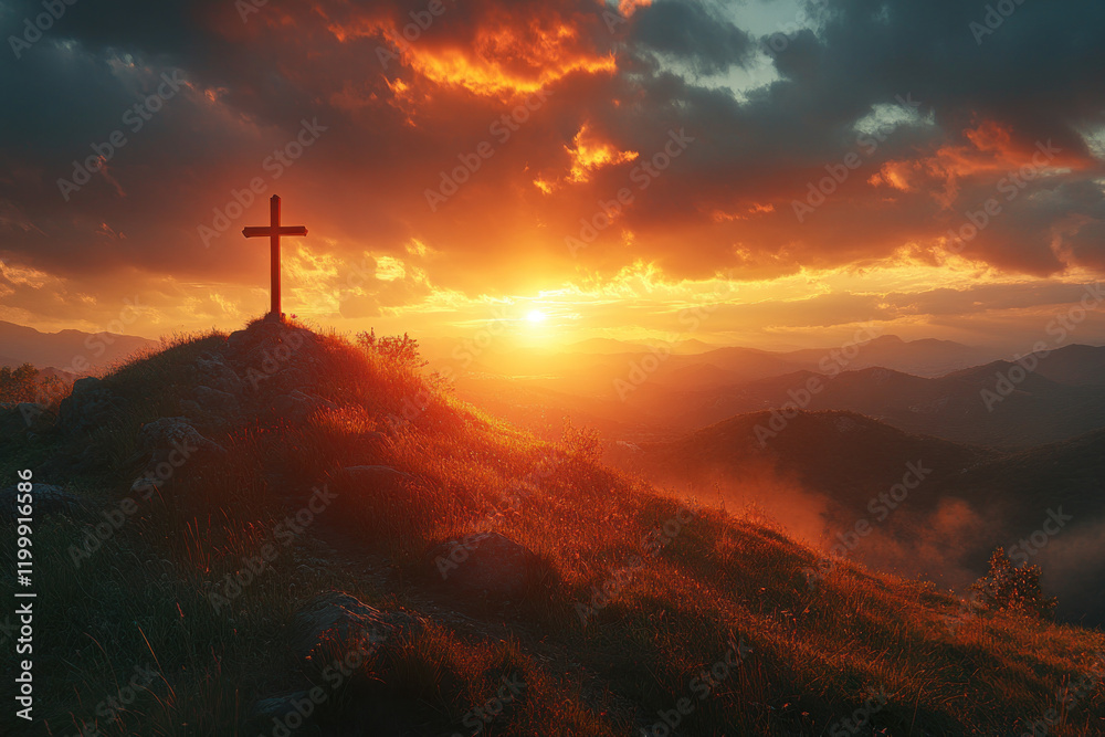 A cross on a hill silhouetted against a setting sun. A cross on a hill silhouetted against a setting sun.