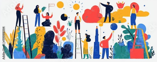 Colorful illustration of people engaging in creative activities.