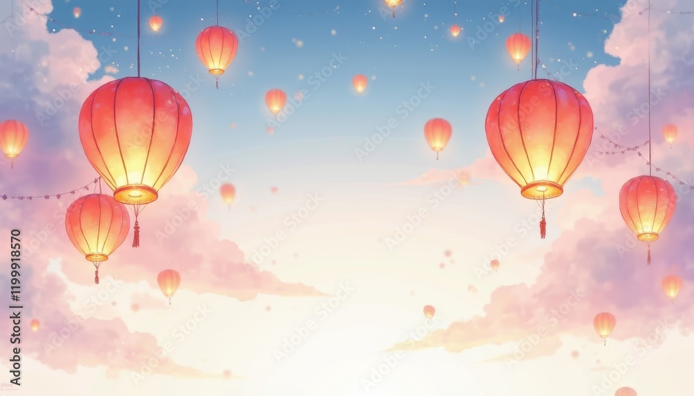 Obraz premium Vibrant Red Chinese Lanterns Against Fluffy White Clouds in Tranquil Sky景观