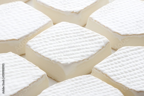 Close-up of multiple square-shaped creamy white cheeses with textured rind arranged in a repeating pattern.