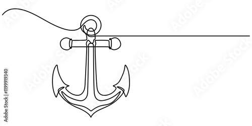 Nautical Anchor Continuous Line Drawing with Editable Stroke, Continuous line drawing of sea anchor, Large sea anchor of the ship. Set of sea ocean elements. Continuous one line drawing of anchor. 