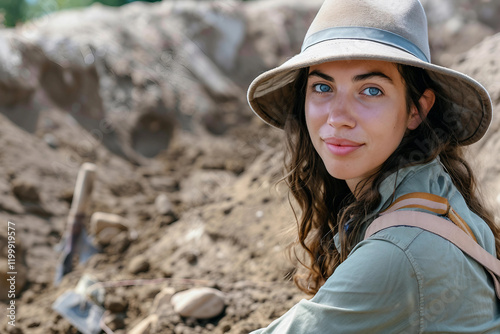 Archaeologist Carefully Excavating Fossilized Artifact Bones Skeletons in Field, Generative AI photo