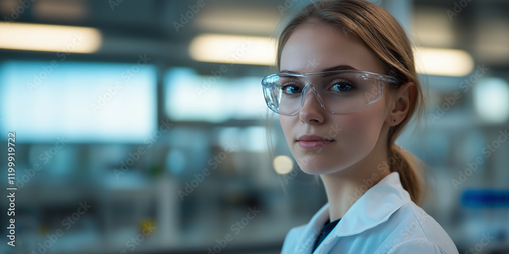 Fototapeta premium Beautiful female woman doctor scientist against laboratory background, professional portrait concept.