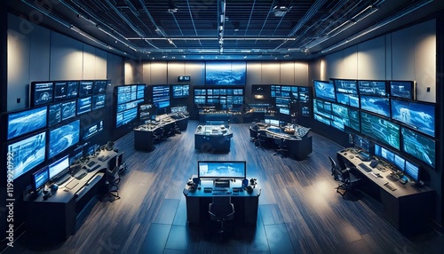Blurred background, multiple screens showcasing diverse data feeds and surveillance footage in a high tech mission control room, highlighting real time monitoring