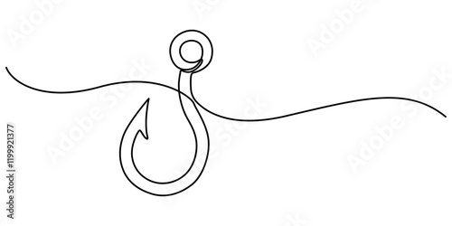 Fishing hook line continuous drawing vector. One line Hook vector background. Hook fisherman's equipment icon. Continuous outline of a Fishing hook, Fishing hook line icon. Fishing, fish, fisherman. 