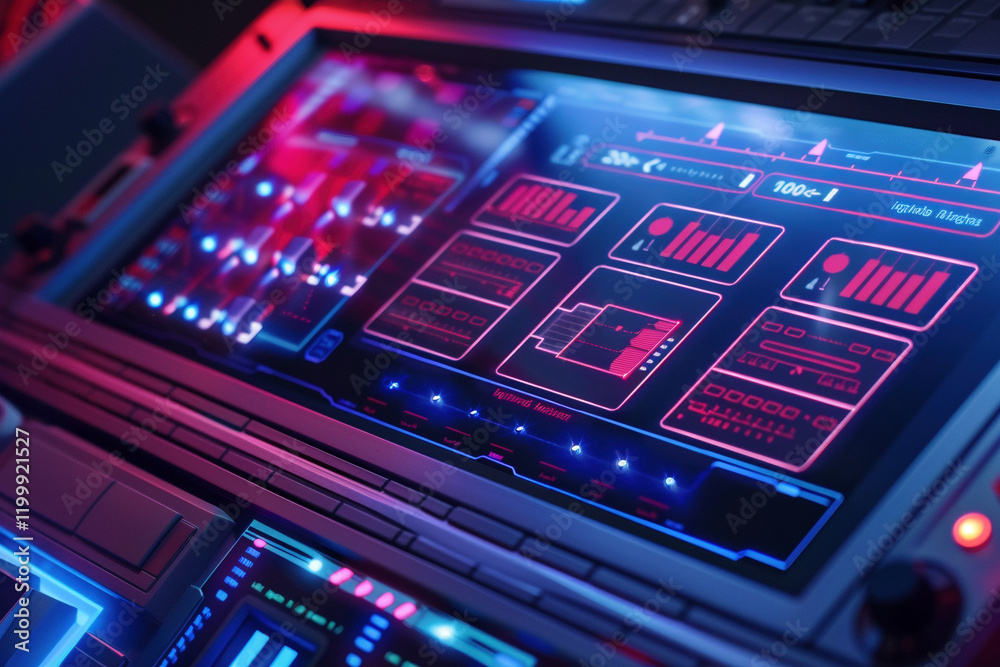 Close-Up of a High-Tech Control Panel Display With Vibrant Lights Close-Up of a High-Tech Control Panel Display With Vibrant Lights