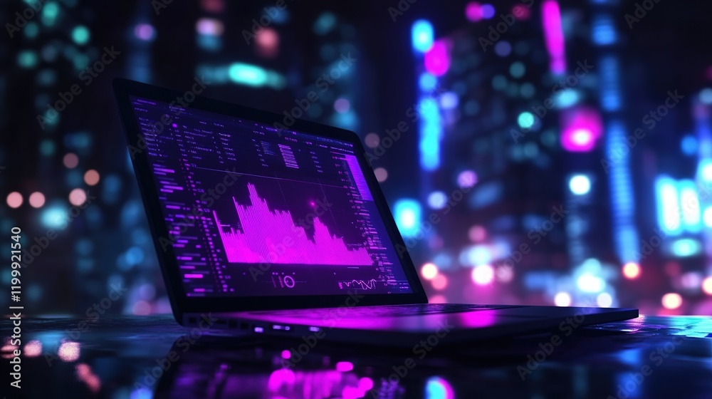 A laptop with graphs and data on the screen, glowing in purple light against an urban night backdrop.