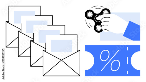Envelopes with letters indicating communication, a hand holding a spinning fidget spinner suggesting focus or distraction, and a discount voucher representing savings. Ideal for productivity, offers