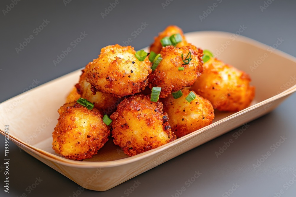 Crispy Taiwanese popcorn chicken served with fresh herbs on a stylish platter Crispy Taiwanese popcorn chicken served with fresh herbs on a stylish platter