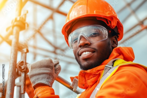 A builder assembling scaffolding with a large wrench, wearing safety gear under a bright sky