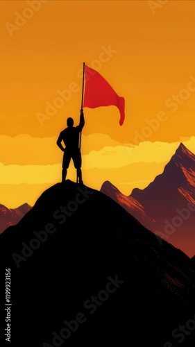 Silhouette of an Athlete on Mountain Peak at Sunset Holding a Red Flag. Celebrating Achievement and Victory in a Majestic Landscape, 4K Video Footage