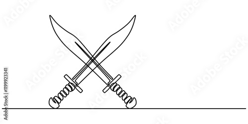 Old engraved illustration of Sword which belonged to Myles Standish, English military officer, Sword sign line continuous drawing vector. One line Sword vector background. Sword icon. Continuous one.