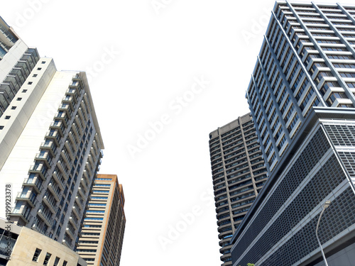 Fototapeta Naklejka Na Ścianę i Meble -  Cape town city skyscrapers isolated on white transparent sky, high rise office business buldings under view. South Africa
