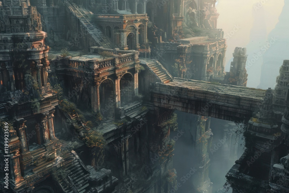 Crumbling ruins of an ancient city with intricate architecture and overgrown vegetation under a cloudy sky Crumbling ruins of an ancient city with intricate architecture and overgrown vegetation under a cloudy sky