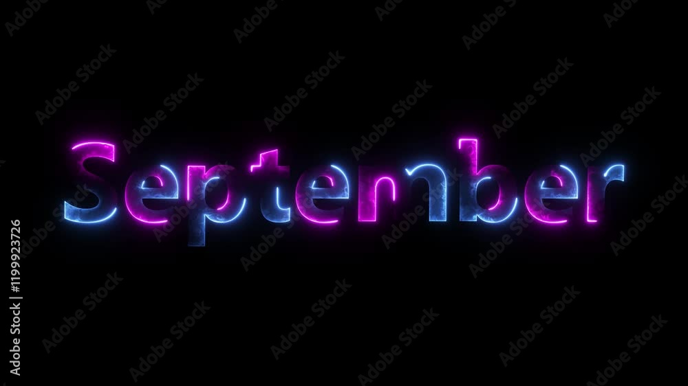 September creative video. neon September-roll video . isolated black background.Neon glowing month name September text icon animation background
