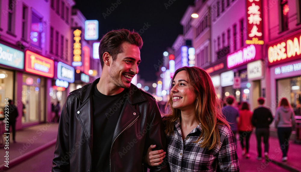 Cheerful couple strolling past colorful neon-lit street, vibrant romance Cheerful couple strolling past colorful neon-lit street, vibrant romance