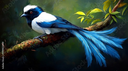 Majestic blue bird perched on branch, lush jungle background; nature illustration photo