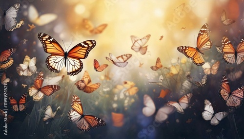 Butterflies in an ethereal, dreamy scene with monarch wings glowing in harmony. A serene, artistic view evokes peace, relaxation, and tranquility.
