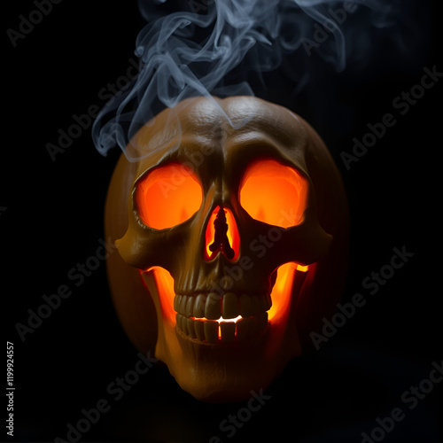 Halloween Pumpkin Skull Trepanation. Light and smoke inside. photo