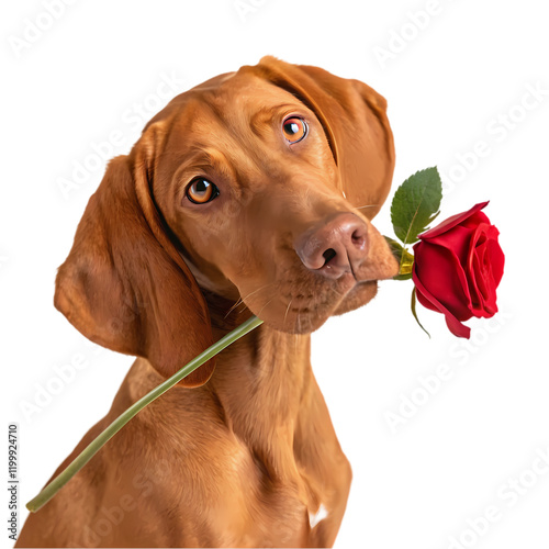 Adorable Vizsla Puppy Holding Red Rose Valentine Dog pet cute love gift sweet heart happy brown     
