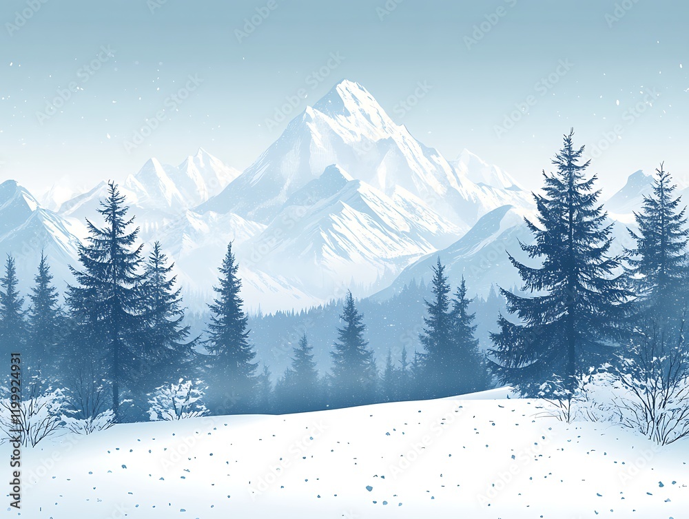 Fototapeta premium Snowy mountain range landscape with forest