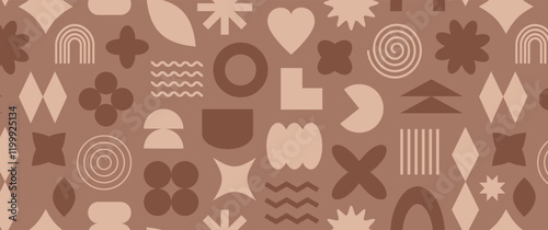 Geometry shape retro seamless pattern mocha mousse color, abstract y2k background, modern funky print, simple groovy element repeat, futuristic form. Trendy colors 2025 year. Vector illustration
