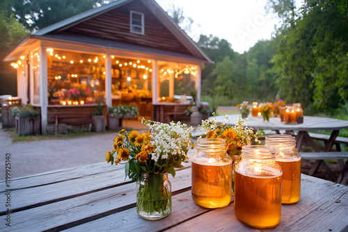 A quaint wooden farm stand in a rural setting with jars of honey and fresh produce, rustic decor, farm market photo