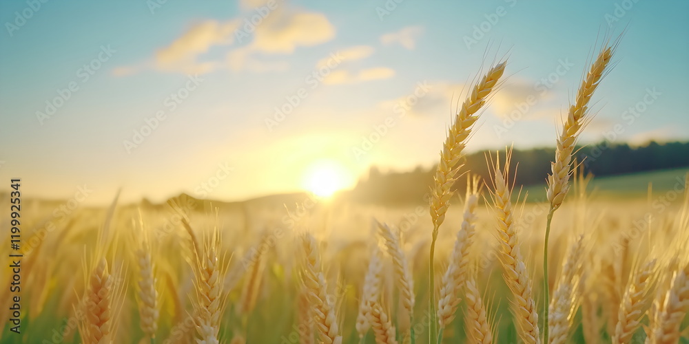 Fototapeta premium A wide field of wheat swaying in the wind, golden sunset lighting, expansive and majestic, creating a peaceful rural landscape