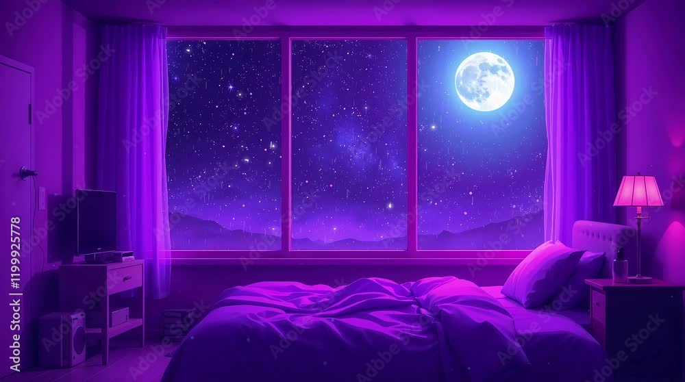 Lofi Loop Animation Background Relaxing Bedroom Scene with Night Sky