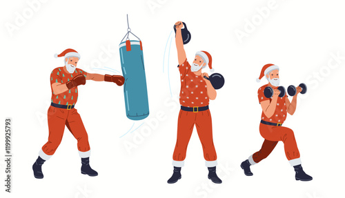 Santa Clauses training with sports equipment flat color vector icon set. Saint Nicolas preparing for Christmas characters pack on white background