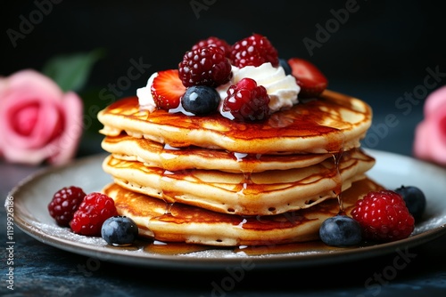 Wallpaper Mural Fluffy pancakes topped with fresh berries and whipped cream served on a rustic plate in a cozy setting Torontodigital.ca